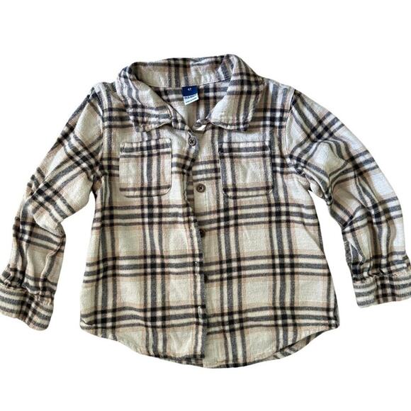 Old Navy Plaid Flannel Button Down Shirt Cream, Black, Tan 4T - Picture 1 of 5